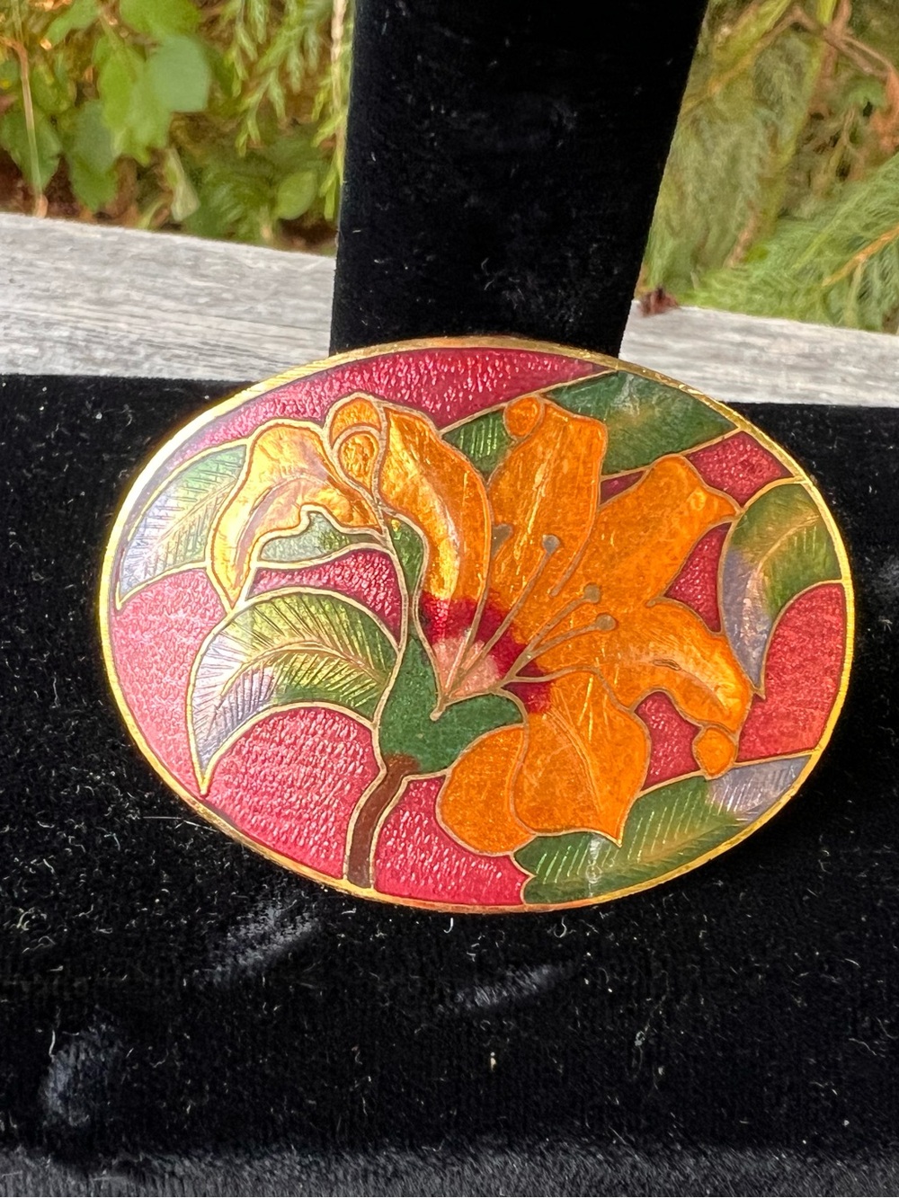 Floral Enamel Oval Belt Buckle - Orange Lily